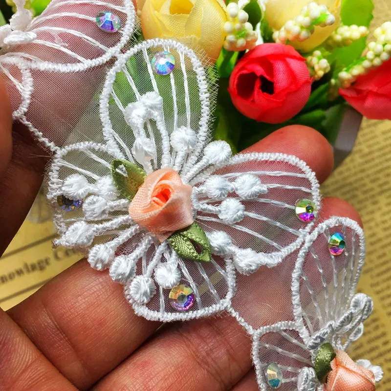 Tecido borboleta diamante flores 10 peças, tecido renda guarnição fita vestido de casamento bordado artesanal aplique vestuário costura artesanato