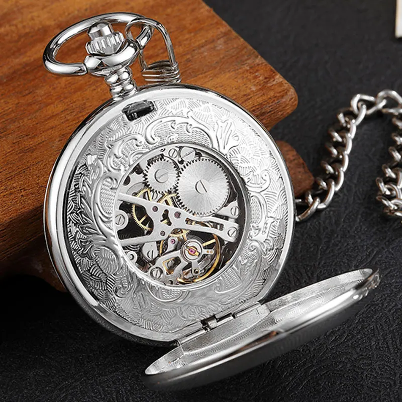 Silver Stainless Steel Vintage Mechanical Pocket Watch Stripe Engraved Double Side Case Skeleton Fob Watch Steampunk Men Women