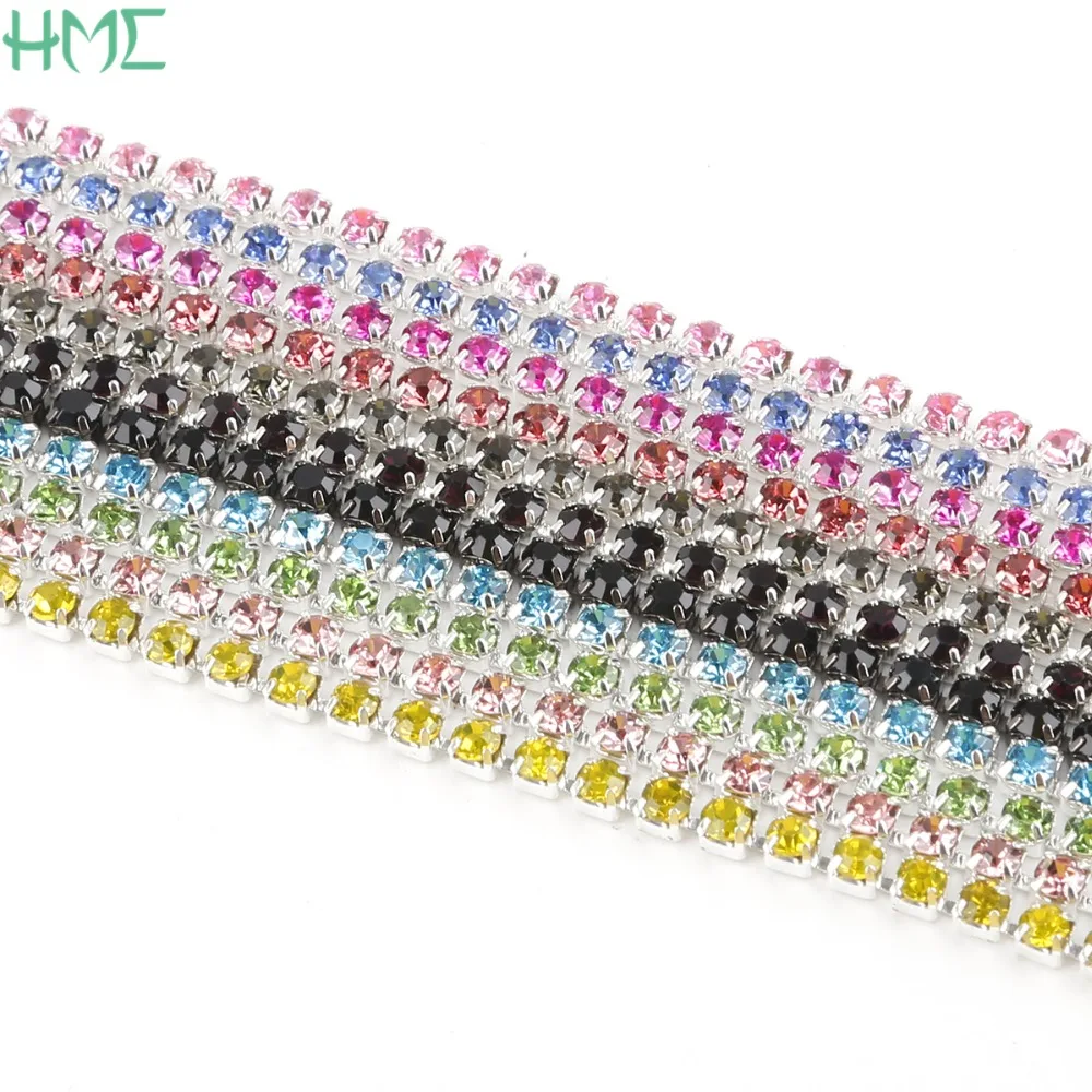 Hot Sale 1M/lot 2/2.5/2.8/3mm Rhinestone Chain Silver Base Crystal Rhinestone Trim For Wedding Party Decoration & Jewelry Making