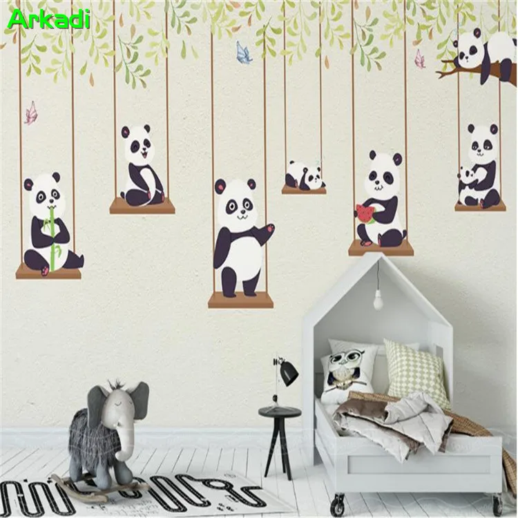 

3D custom cartoon theme panda children's room wallpaper nursery playground theme background wallpaper bedroom mural