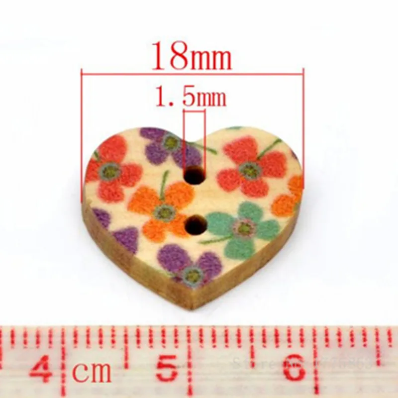 50Pcs 18x15mm Multicolour Flower Print 2 Holes Heart Wooden Buttons for Sewing Scrapbooking Embelishments Crafts 7NK26