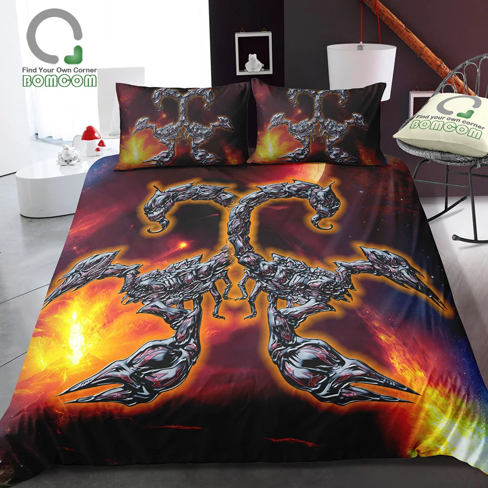 BOMCOM 3D Digital Printing Fiery Scorpion Black Lacquer Scorpion Galaxy Fire Background Bedding Set 100% Microfiber