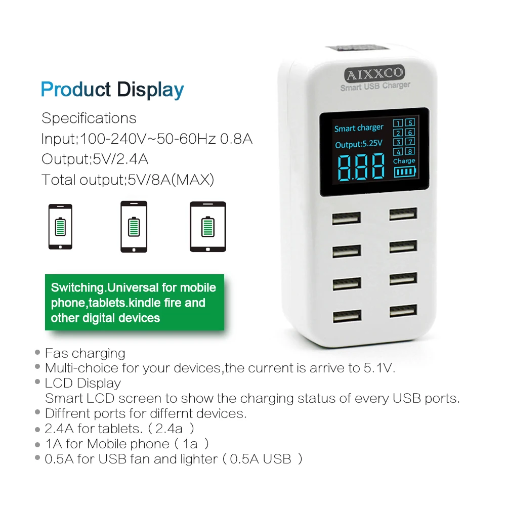 AIXXCO Smart USB Charger LED Display 8 Port 40W Fast Charging For iPhone iPad Samsung Huawei Xiaomi Mobile phone