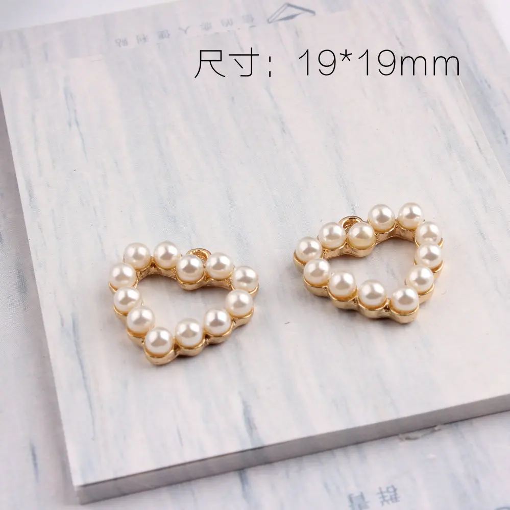 Wholesale 50PCS/Lot Gold Color White Pearl Rhinestones Alloy Charms Round Heart Star Square Traingle Simplify Pendant Charm