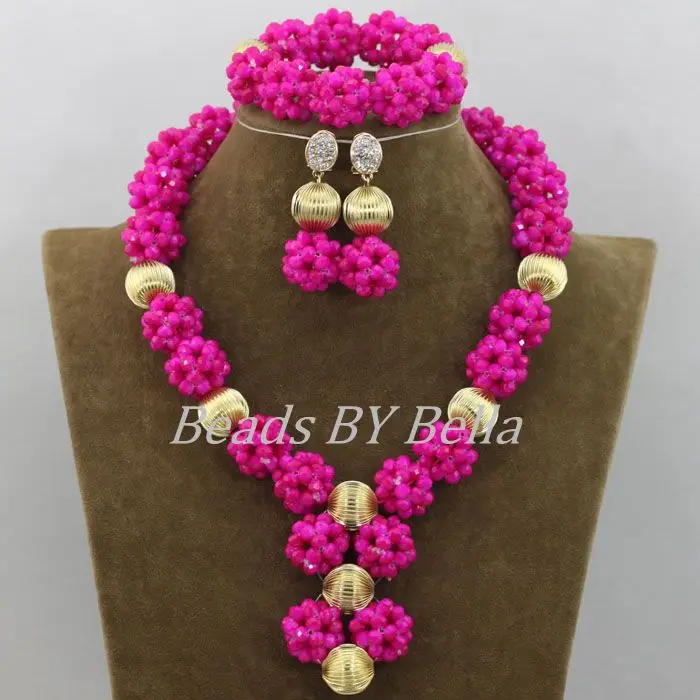 Hot Opaque Fuchsia Crystal Beads Balls Necklace Nigerian Wedding African Beads Bridal Jewelry Sets  ABF452