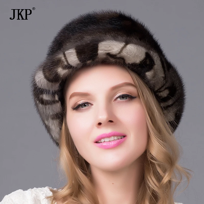 JKP Women's New Autumn and Winter Natural Fur Hat Whole Leather Mink Fur Cap Mask Diamond Accessories Female Models High Quality