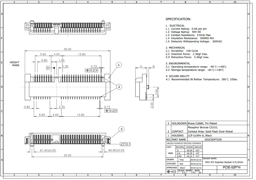 10pcs/lot 52Pin  Mini Pcie connecter 5.2H  can through Reflow soldering Provide a package library  in the stock