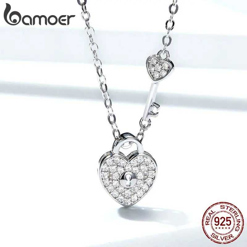 Bamoer New Arrival Luxury 925 Sterling Silver Love Heart Lock & Key Pendant Necklace for Women Wedding Fine Jewelry SCN315