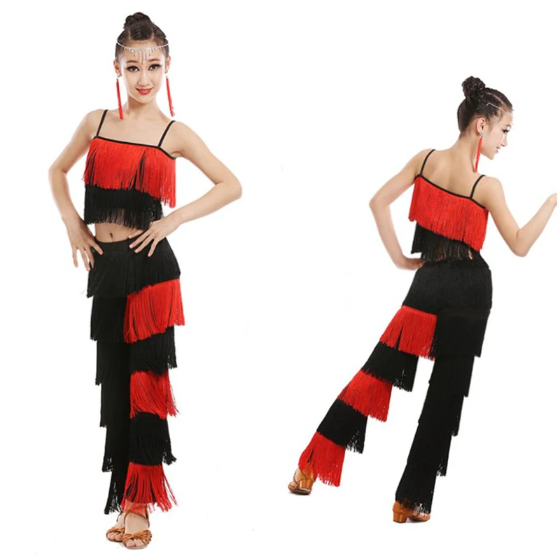 New Latin Dance Children\'s Tassel Pants Girls Sling Suit Latin Dance Clothes Practice Test Competition Performance