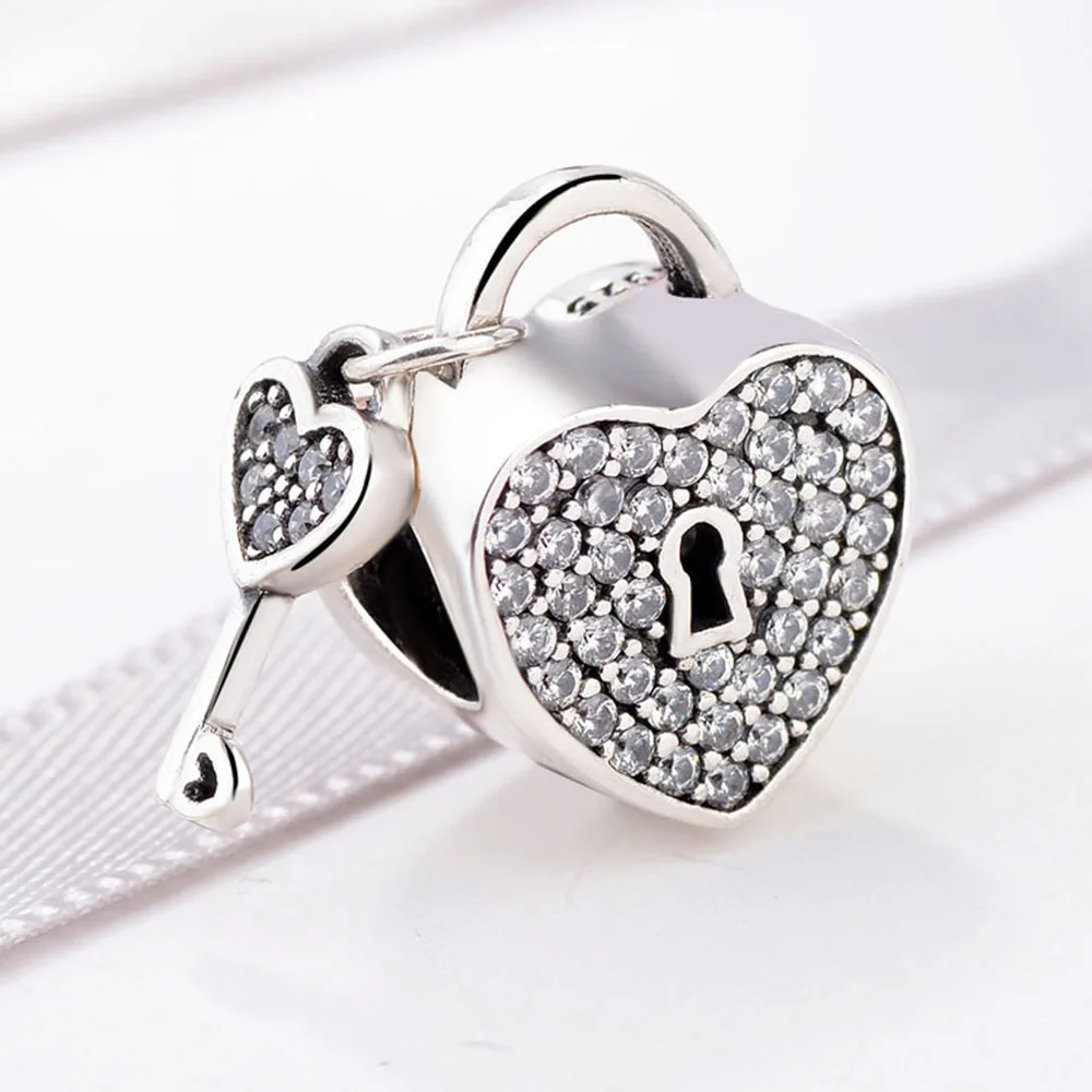 Authentic 925 Sterling Silver Charm Bead Heart Lock Crystal Beads For Original Pandora Charm Bracelets & Bangles Jewelry