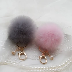 Cute Girls Fluffy Pompon Rabbit Fur Ball Pom Pom Keychain Pearl Charms Pompon Key Chain On Bag Car Trinket Jewelry Party Gift