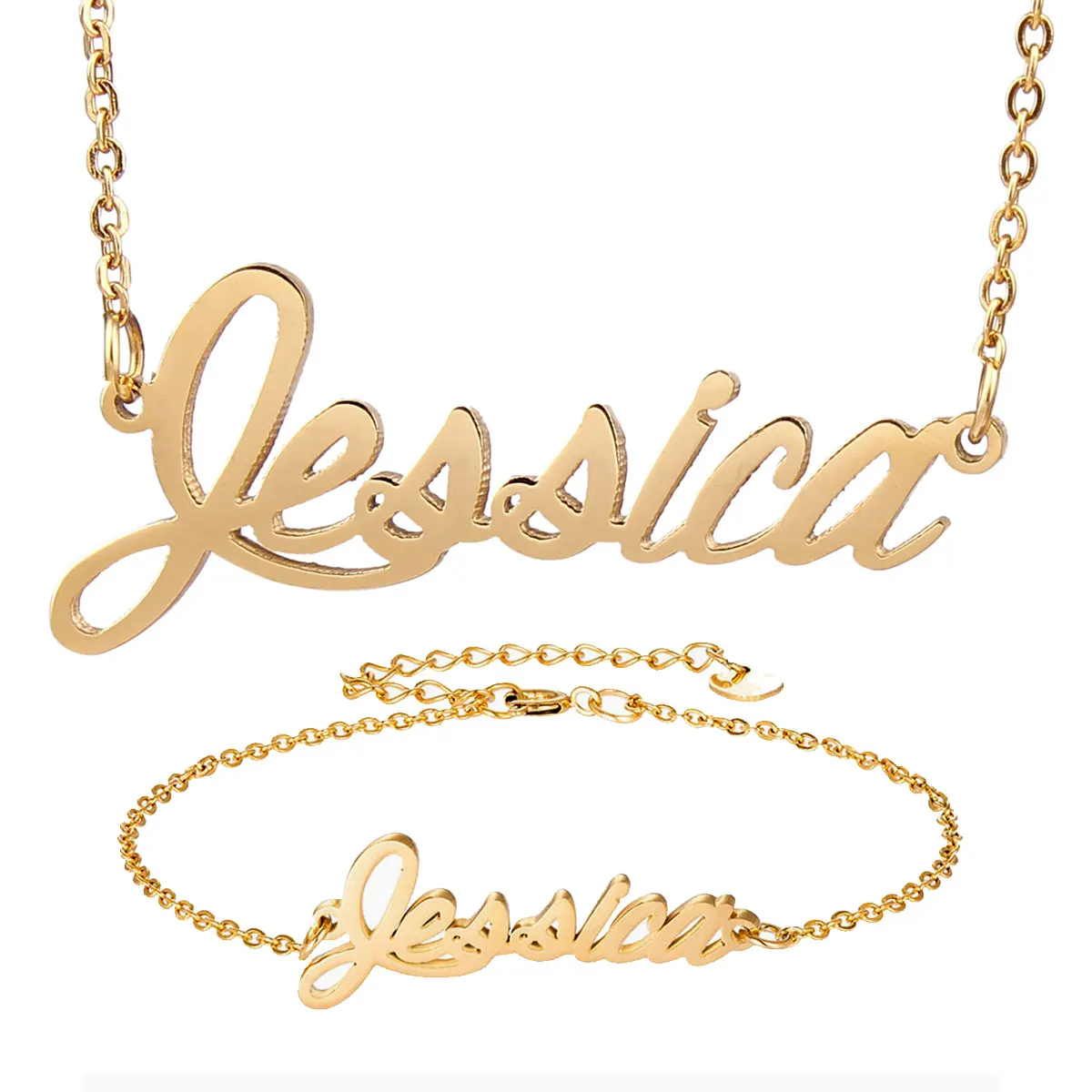 Jessica Charm Name Necklace and Bracelet Jewelry Set Stainless Steel Letter Choker Pendant Nameplate for Girl Party Gift