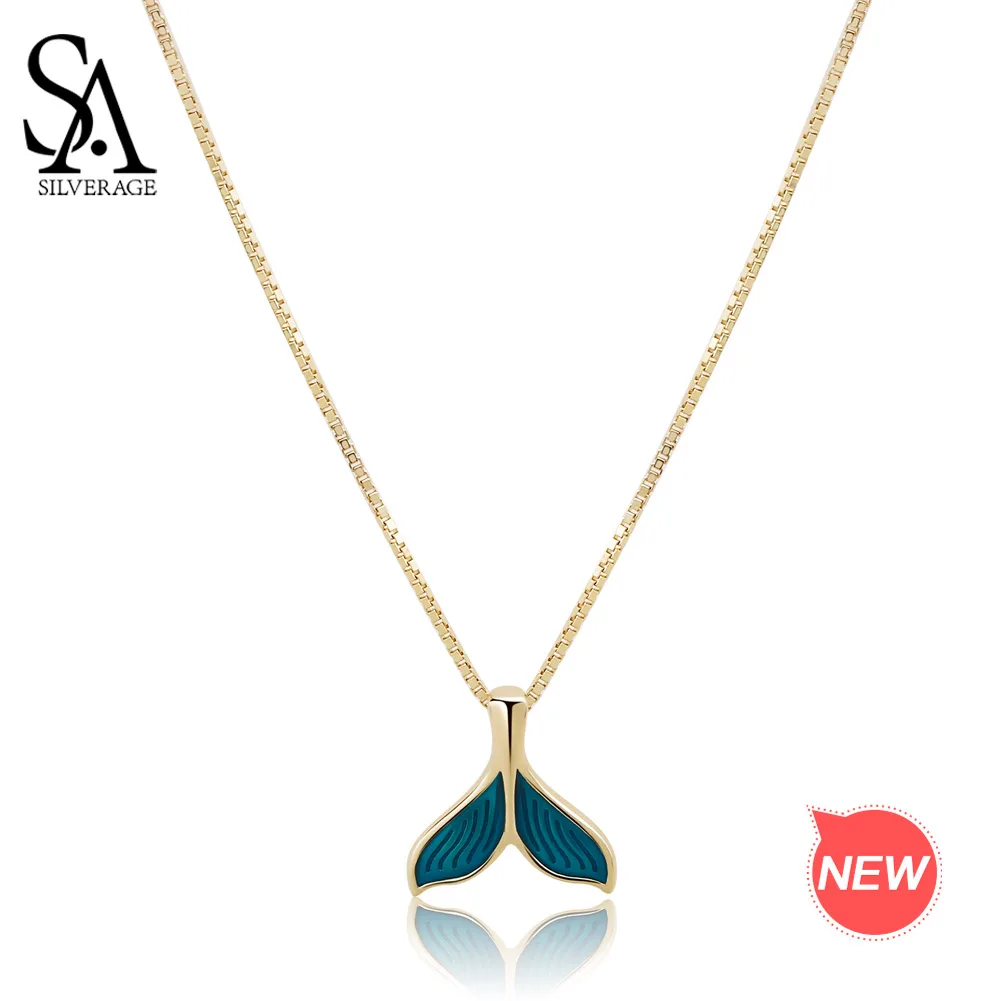 SA SILVERAGE Gold Color Plated Chain Link Necklace Real 925 Sterling Silver Blue Color Mermaid Tail Pendant Necklaces 925 Silver
