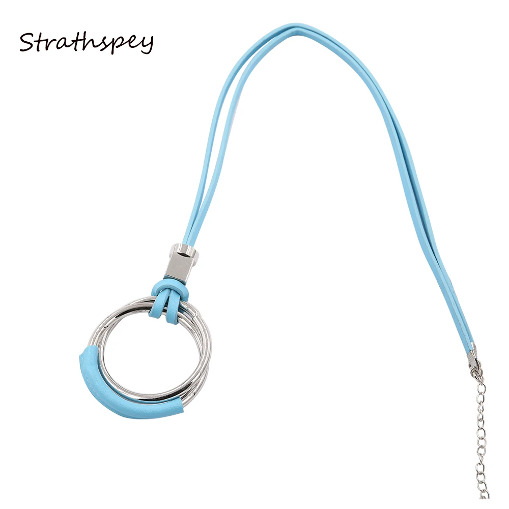 STRATHSPEY Fashion Women Trendy PU Leather Wrapped Double Big Circle Metal Pendant Long Leather Chain Necklace Blue Black Color