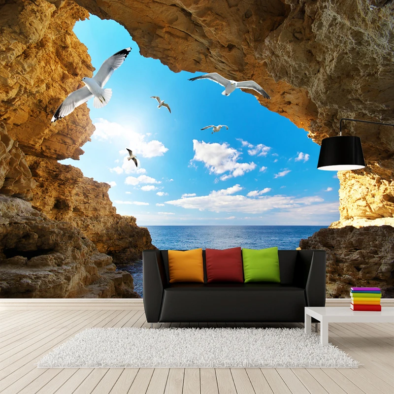 

Custom Photo Wallpaper Murals 3D Blue Sky White Clouds Seagulls Cave Landscape Wall Painting Home Interior Decoration Wall Paper