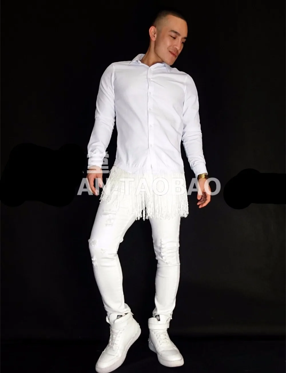 

Personality white Men Fashion Tassel Shirt Costumes Nightclub bar singer Dj stage show equipment Performance necessary