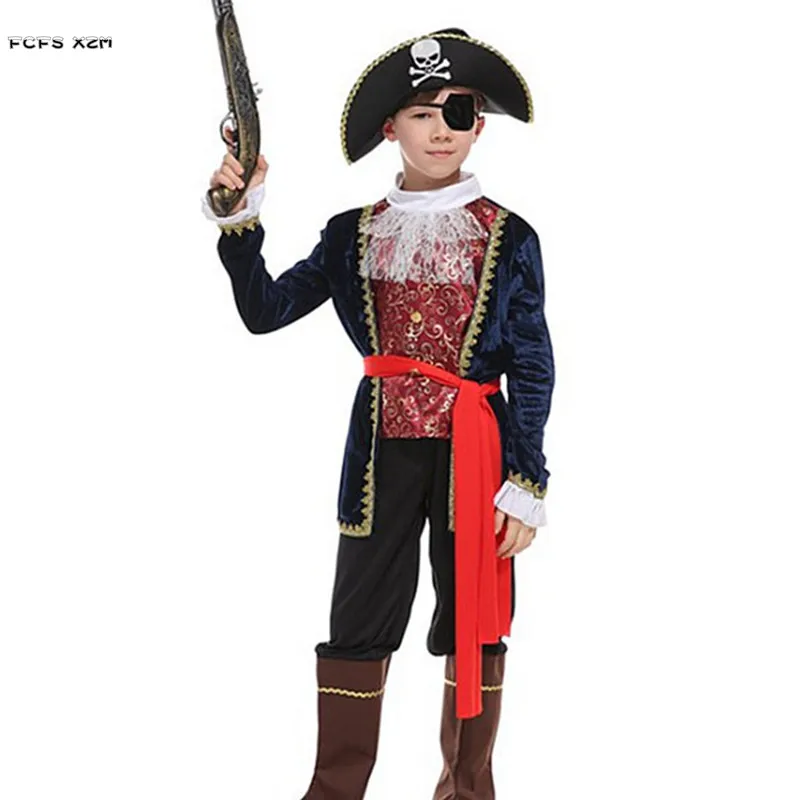 M-XL Boys Halloween Captain Costumes Movie Pirates of the Caribbean Cosplay Kids Children Carnival Purim Masquerade Party Dress