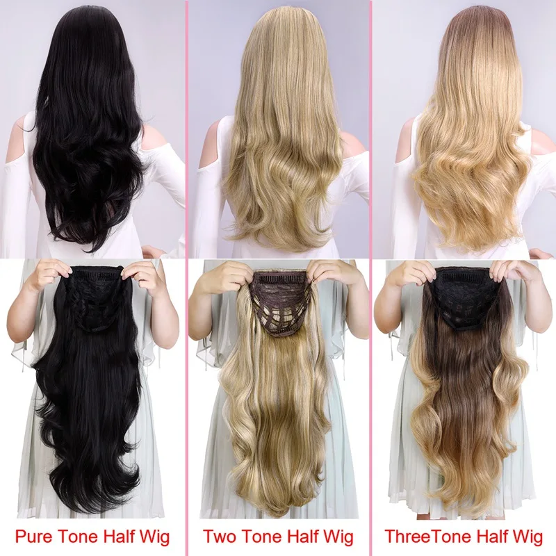 Silike Synthetic 3/4 Half Wigs 24 Inch Long Ash Blonde Wavy Wig With Clip in Hair Extension 16 Color 210g For Black White Women