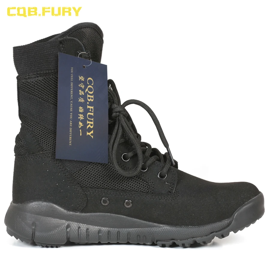 CQB.FURY Summer Super Light Breathable Mens Black Suede Leather Boots Wearable Mesh Boots