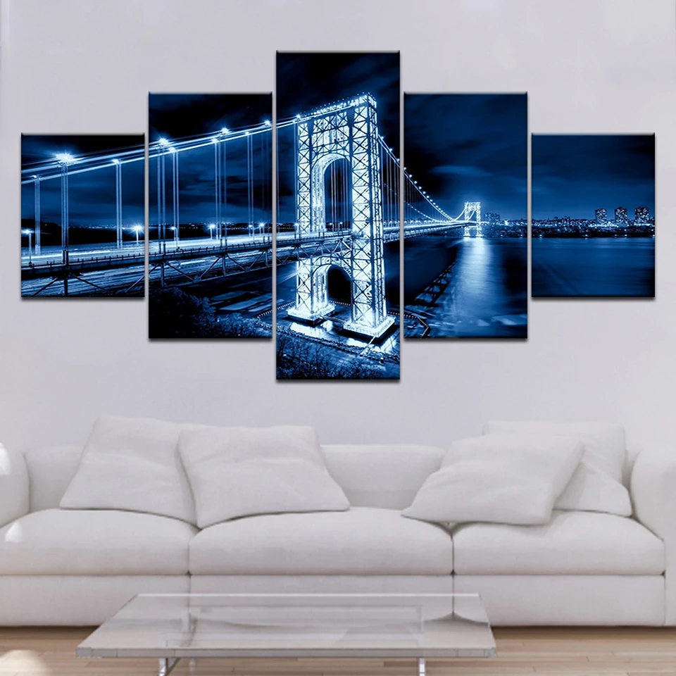 Brooklyn Bridge night view 5 Panels Wall Art modern Modular Poster art Canvas painting for Living Room Home Decor