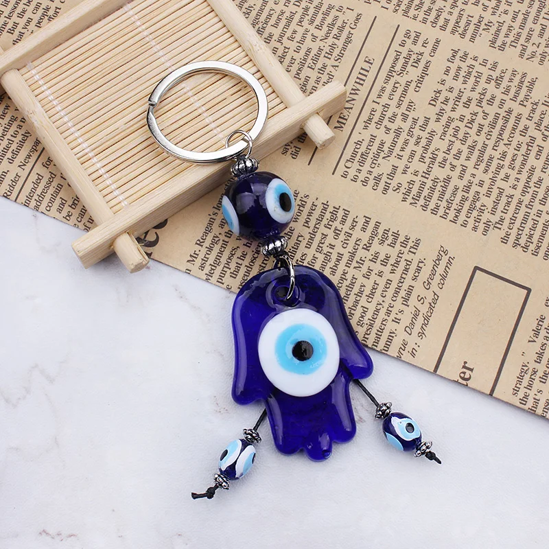 Lucky Eye Glass Hasma Hand Keychain Turkish Evil Eye Charms Keychain Car Keychain For Women Men