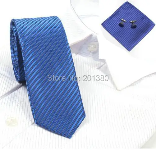 2018 solid stripe men\'s skinny neck tie set Pocket square cufflinks