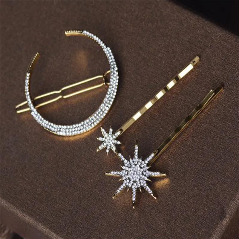 1 Pcs Fashion Girl White Crystal Rhinestones Hairpin Star Moon Round Shape Women Hair Clips Barrettes Hair Styling Accessories