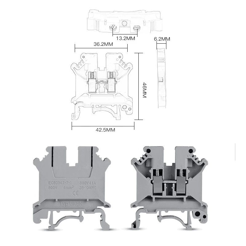 UK5N UK Series DIN Rail Screw Clamp Terminal Blocks Kit Set 800V 41Amp IEC