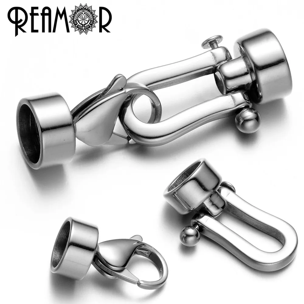 REAMOR 8mm 316l Stainless steel Horseshoe Connectors Charms Lobster Clasp Fit Round Leather Bracelet End Caps DIY Jewelry Making