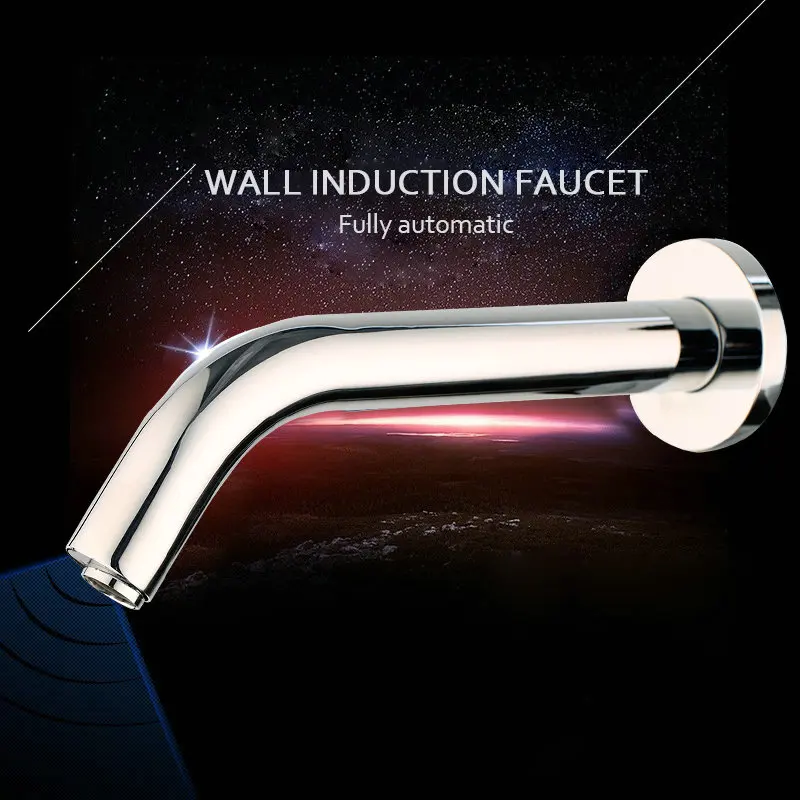 JIENI Black Chrome Lavatory Bathroom Faucet Wall Mount Sensor Faucet Automatic Free Touch Sensor Bathroom Sink Mixer Tap Faucet