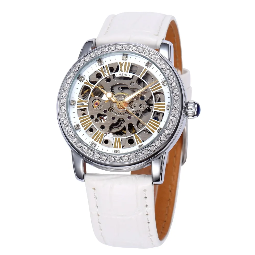 2021 New Women Skeleton Automatic Self-Wind Watch Women Dress Watches Rhinestone Mechanical Watch Girl\'s Gift Relogio Feminino