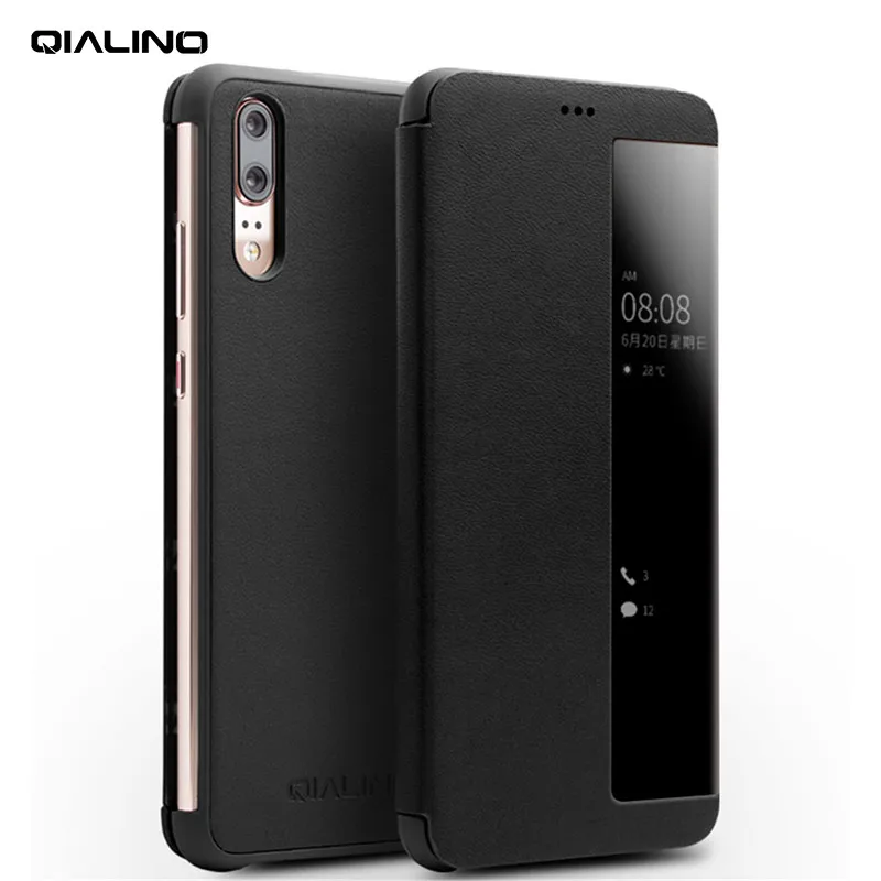 QIALINO Genuine Leather Fashion Phone Cover for Huawei Ascend P20 Pro Sleep Wake Up Function Smart View Flip Case for Huawei P20