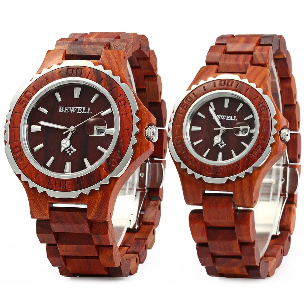 BEWELL Luxury Brand Pair of Couple Quartz Watch Waterproof Calendar Men Women Wood Watch Lover\'s Wristwatches relogio