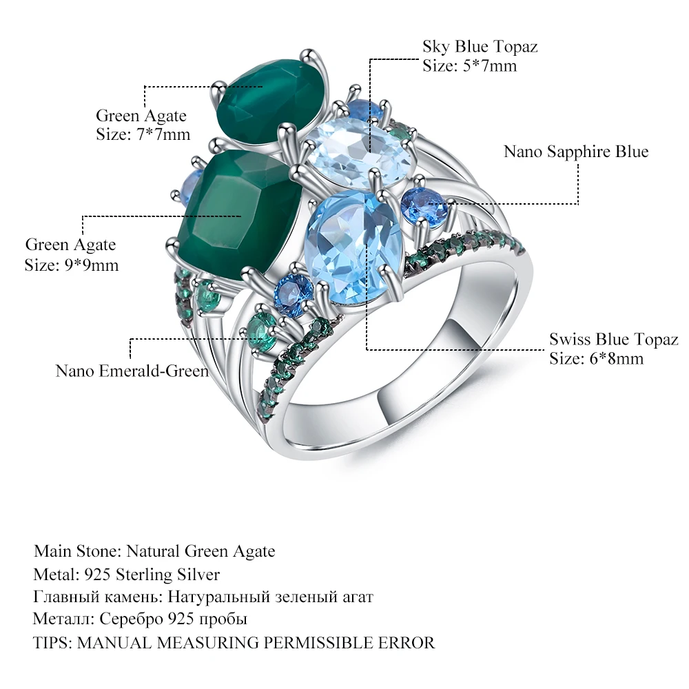 GEM\'S BALLET 925 Sterling Silver Stack Rings Natural Green Agate Topaz Gemstones Finger Ring for Women Wedding Fine Jewelry