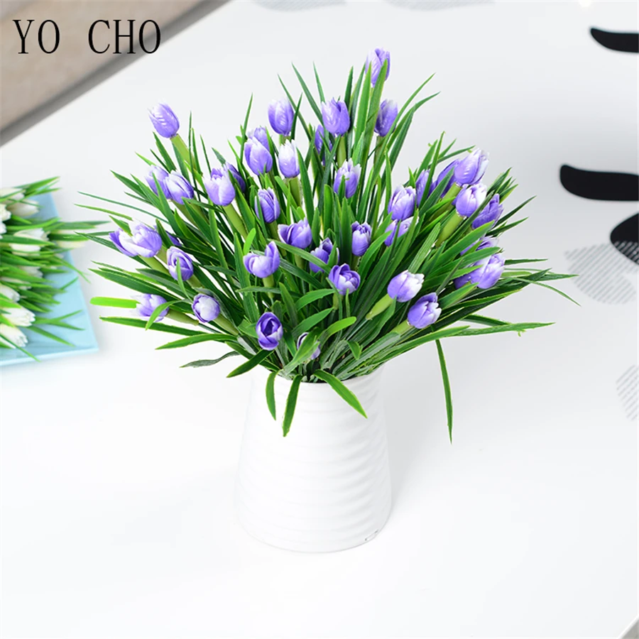 YO CHO Artificial Flowers Tulip Bonsai Wedding Home Decoration Spring Grass Plastic Tulip Plante Fake Flowers Mini White Flowers