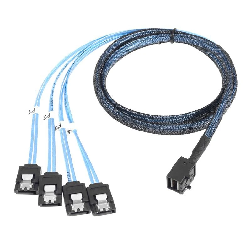 Mini SAS SFF-8643 Host to 7-Pin 4 SATA Target Hard Disk 6Gbps Data Server Raid Cable, Length: 1m