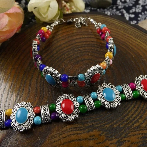 Tibetan Silver color Bohemia Bracelet Bead Stone Adjust Size Bangle Hot sale Jewelry Blue/Red/Black A207G