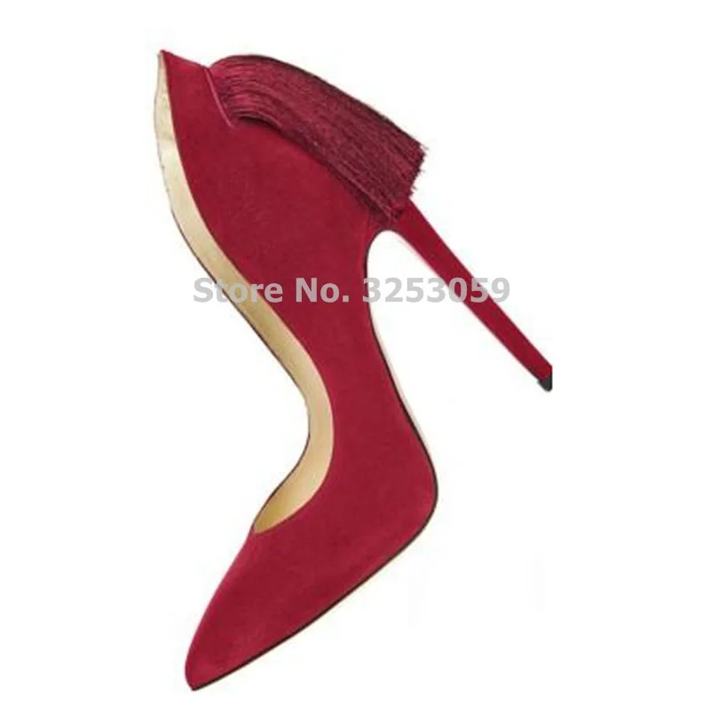 ALMUDENA Graceful Purple Red Suede Pointed Toe Fringe Pumps Stiletto Heels Tassel Wedding Shoes Celebrity Banquet Pumps Dropship