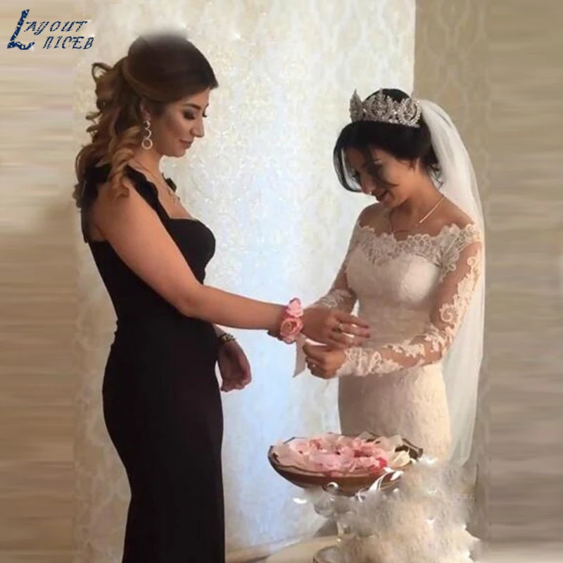 تخطيط NICEB أنيقة حورية البحر فستان الزفاف الدانتيل زين الأكمام الطويلة ثوب الزفاف المشاهير Vestido De Noiva قبالة الكتف المرأة حورية البحر أنيقة فساتين الزفاف مع بقعة طويلة الأكمام المشاهير Vestido De Noiva الكتف