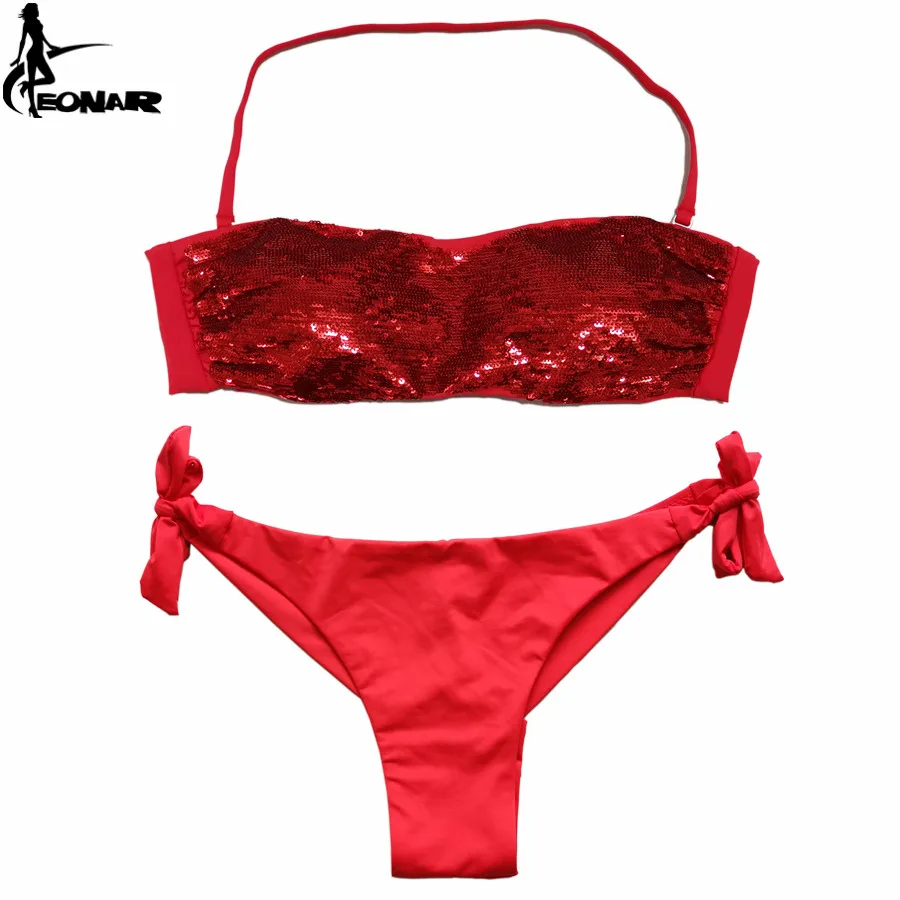 EONAR-Traje de baño de lentejuelas cosidas para mujer, conjunto de bikini con parte inferior de corte brasileño, traje de baño de cintura baja, trajes de baño, ropa de playa de verano