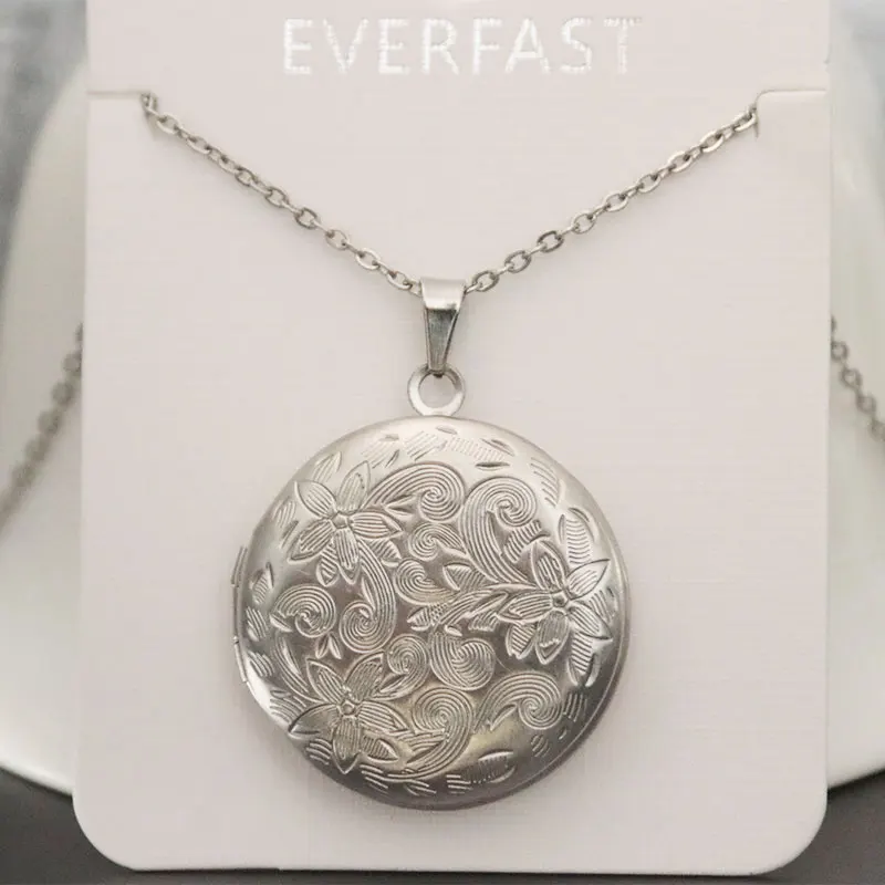 1pc Carved Designs Round Photo Frame Pendant Necklace Stainless Steel Charms Locket Necklaces Women Men Fashion Memorial Jewelry