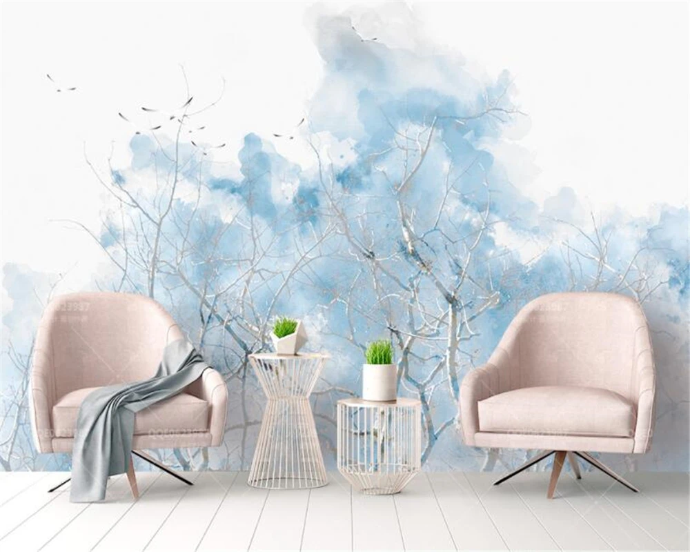 

beibehang photo wall mural 3d wallpaper Light blue minimalistic twig watercolor birds TV background wall 3d wallpaper tapety