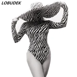 Nightclub Bar Gogo Dance Costume Zebra Pattern Bodysuit Big Hat Party Rave Outfits Nightclub Bar DJ Dancer Performance Clothes