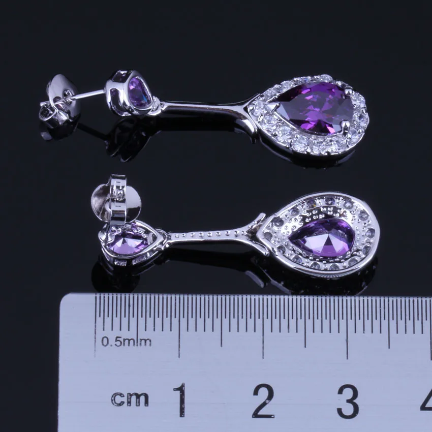 Gleaming Water Drop Purple Cubic Zirconia White CZ Silver Plated Drop Dangle Earrings V0722