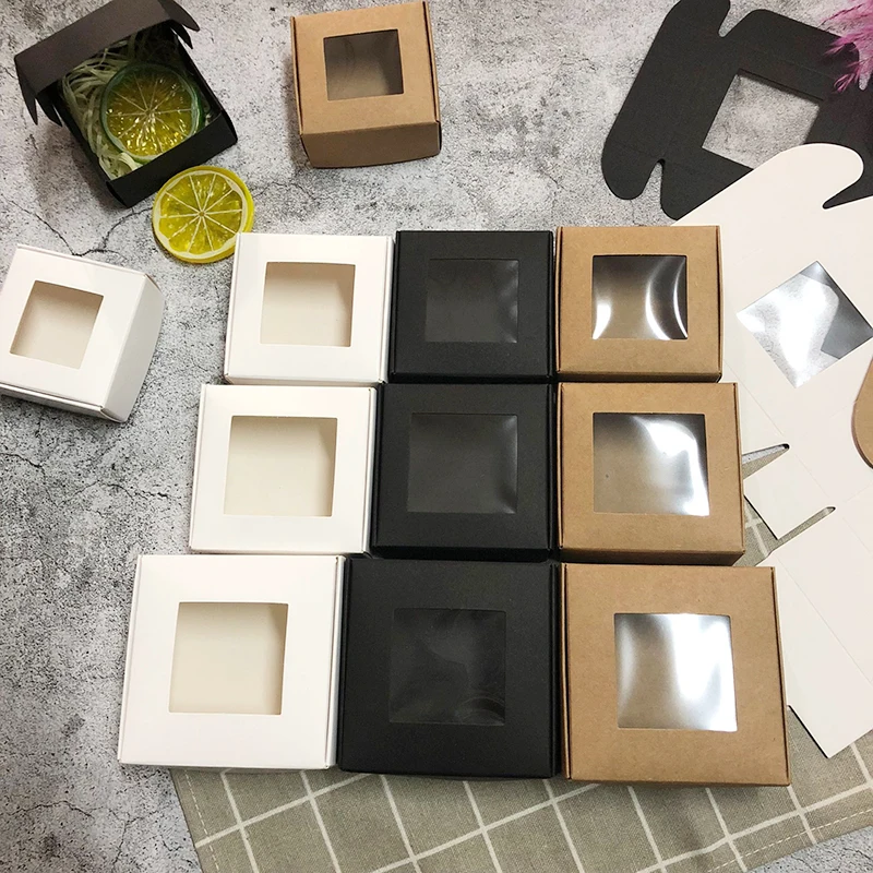 

Wholesale 50pcs Kraft Paper Box Transparent PVC Window Soap Boxes Jewelry Gift Packaging Box Wedding Favors Candy Box