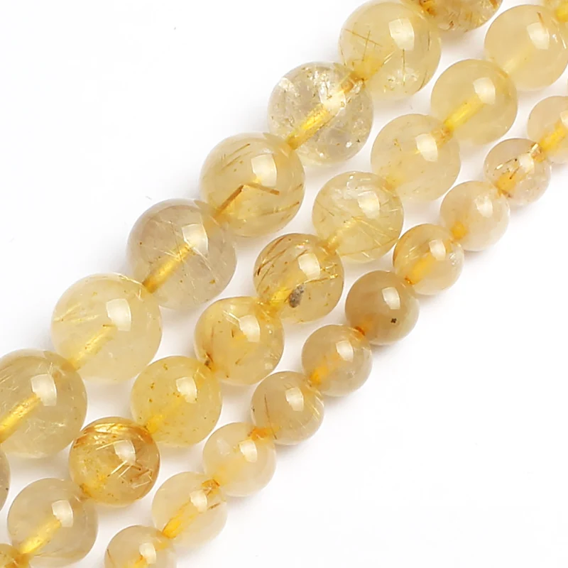 Natural Gold Color Rutilated Quartz Stone Round Loose Beads For Jewelry Making Bracelet 15inch 6/8/10mm Pick Size