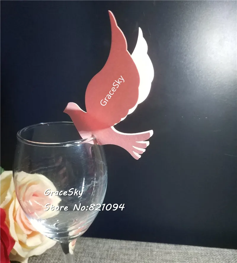 50pcs Free Shipping Hollow out Pigeon design laser Cut Place name Seat Invitation Cup Cards for Wine Glass party supplies