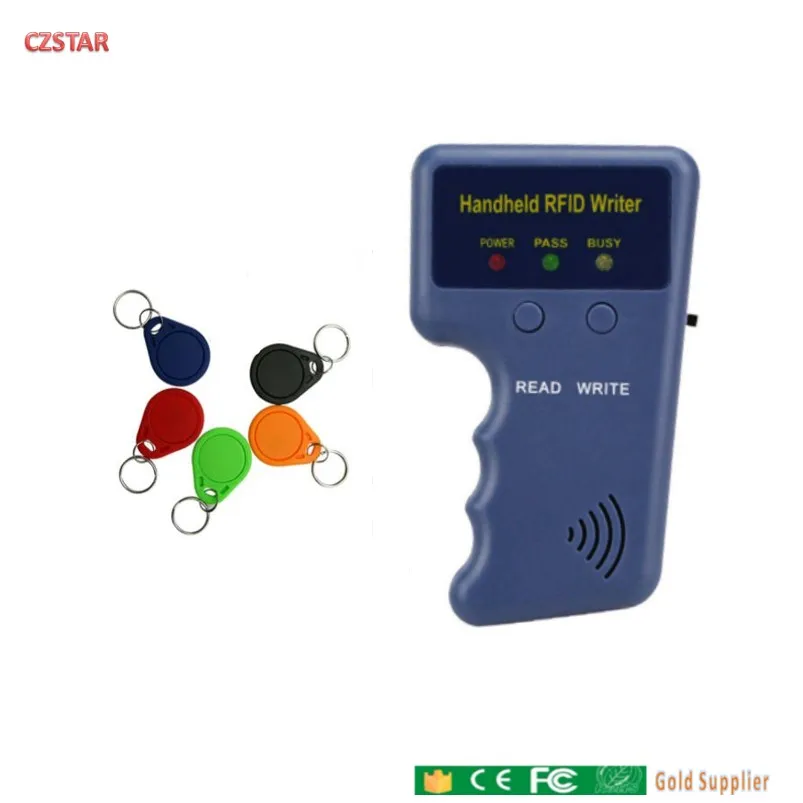

Handheld 125KHz EM4100 TK4100 RFID Copier Writer Duplicator Programmer Reader + 5pcs EM4305 T5577 Rewritable ID Keyfobs Tags