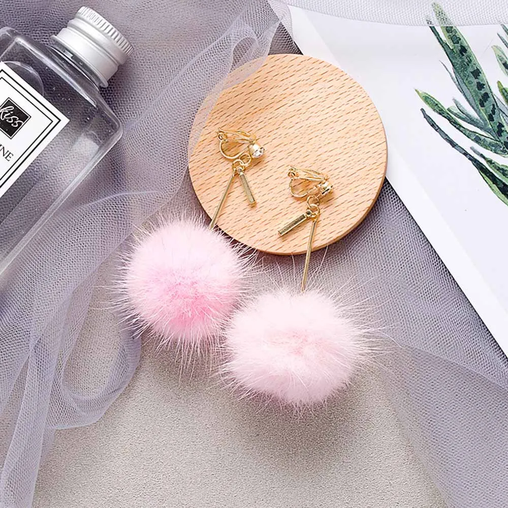 GRACRE JUN Rabbit Fur Ball PomPom Long wedding clip on earrings for Women Unique Soft  Ear Earring Jewelry Cute Christmas Gift