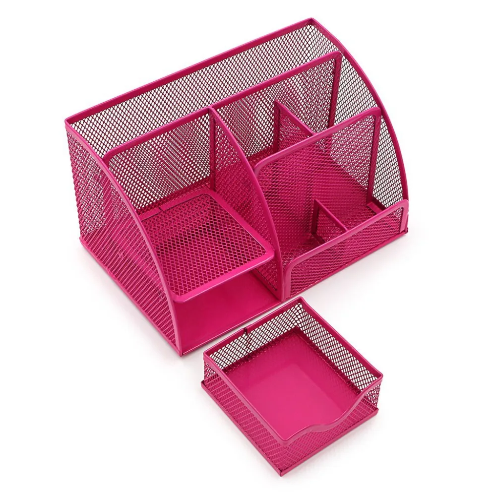 Hot Pink Office Supplies Mesh Desk Organizer Desktop Pencil Holder Accessories Caddy with Drawer, 7 Compartments